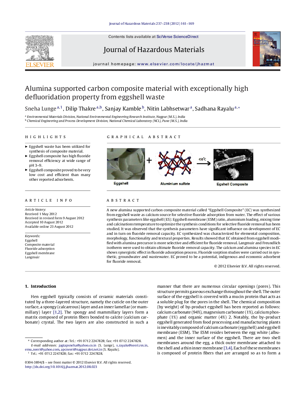 Alumina supported carbon composite material with exceptionally high defluoridation property from eggshell waste