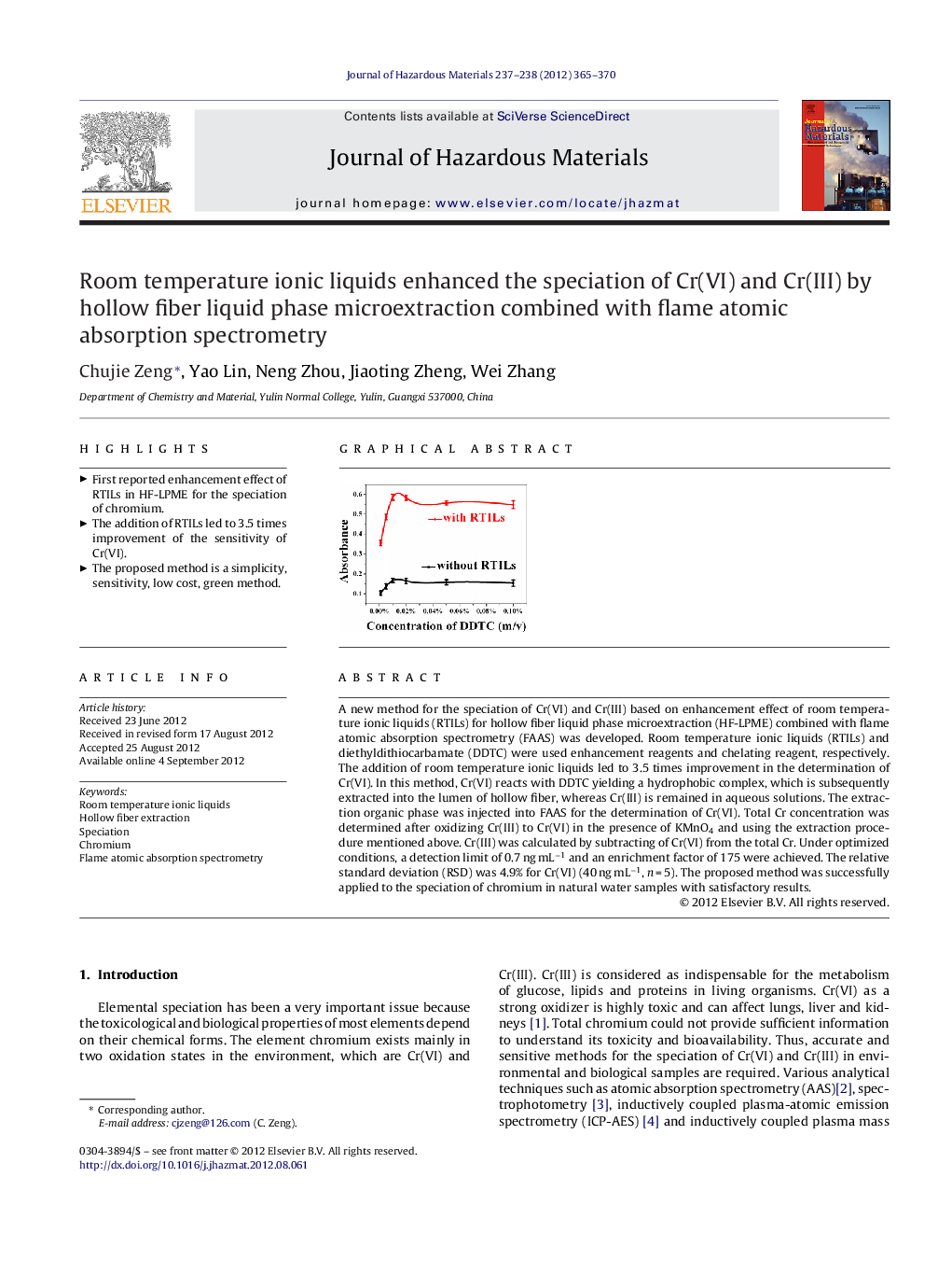 Room temperature ionic liquids enhanced the speciation of Cr(VI) and Cr(III) by hollow fiber liquid phase microextraction combined with flame atomic absorption spectrometry