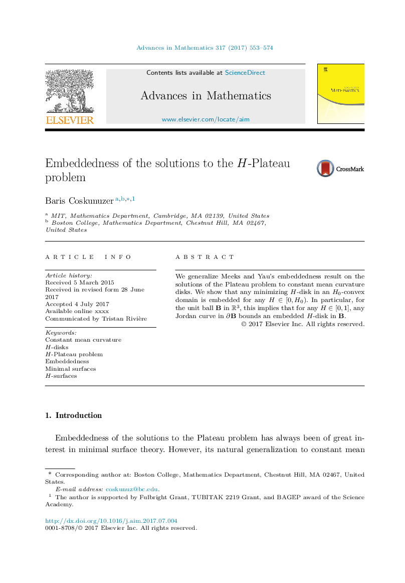 Embeddedness of the solutions to the H-Plateau problem