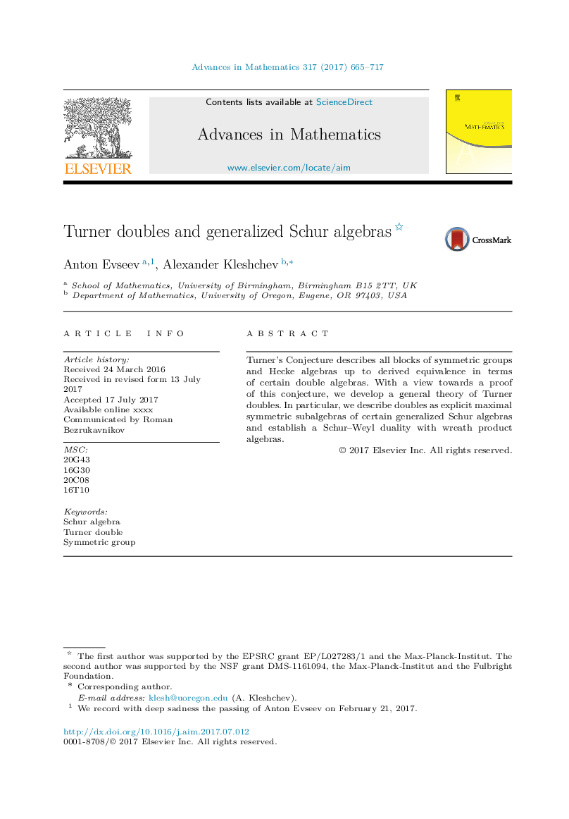عکس صفحه اول مقاله: Turner doubles and generalized Schur algebras Turner doubles and generalized Schur algebras