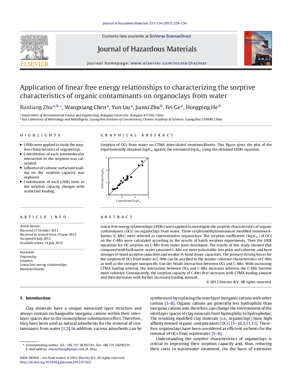 Application of linear free energy relationships to characterizing the sorptive characteristics of organic contaminants on organoclays from water