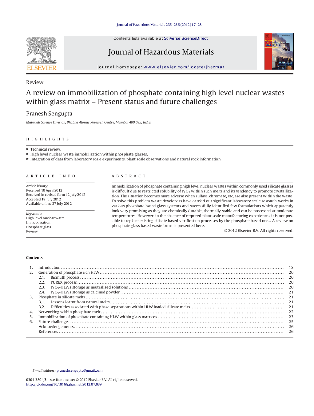 A review on immobilization of phosphate containing high level nuclear wastes within glass matrix - Present status and future challenges