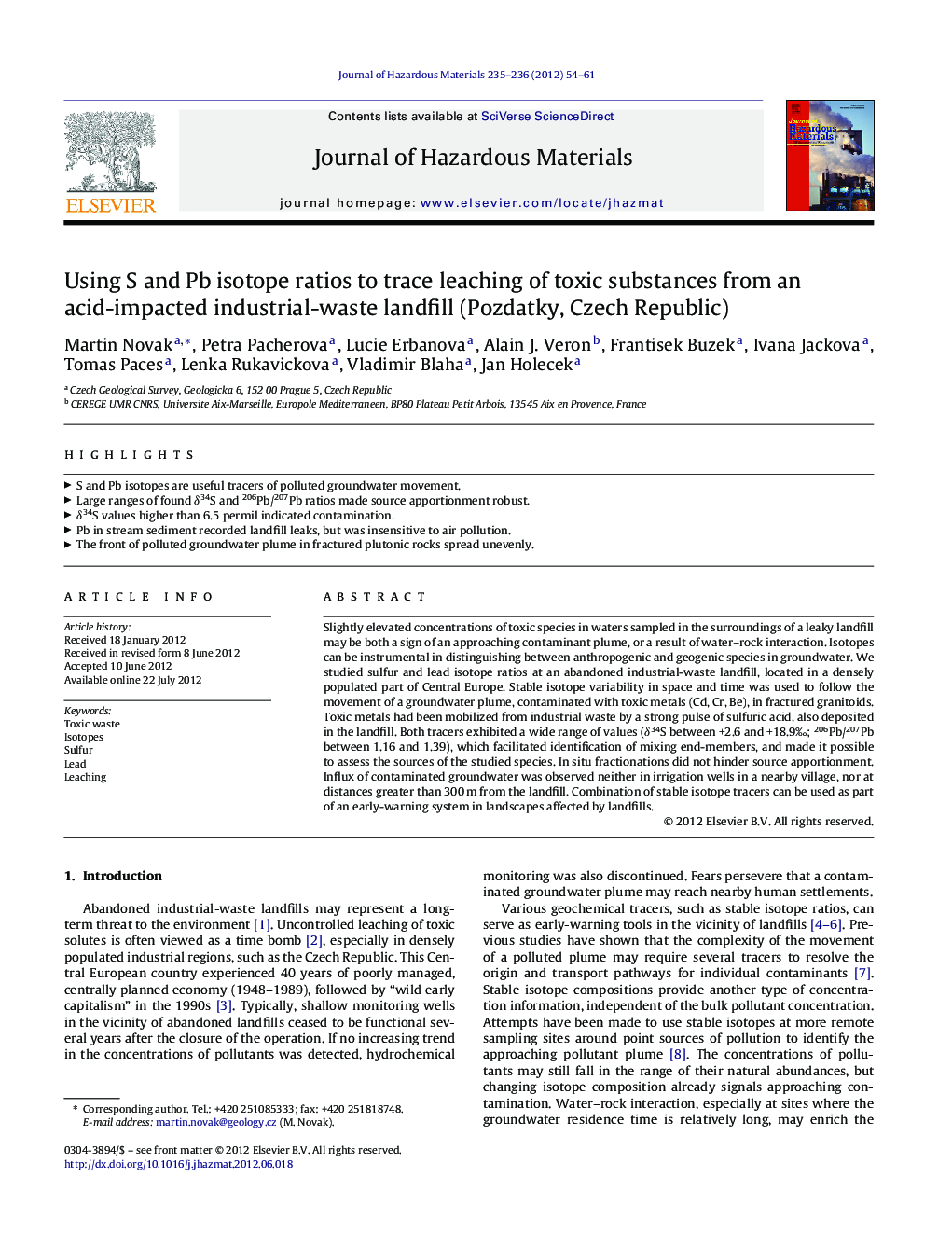 Using S and Pb isotope ratios to trace leaching of toxic substances from an acid-impacted industrial-waste landfill (Pozdatky, Czech Republic)