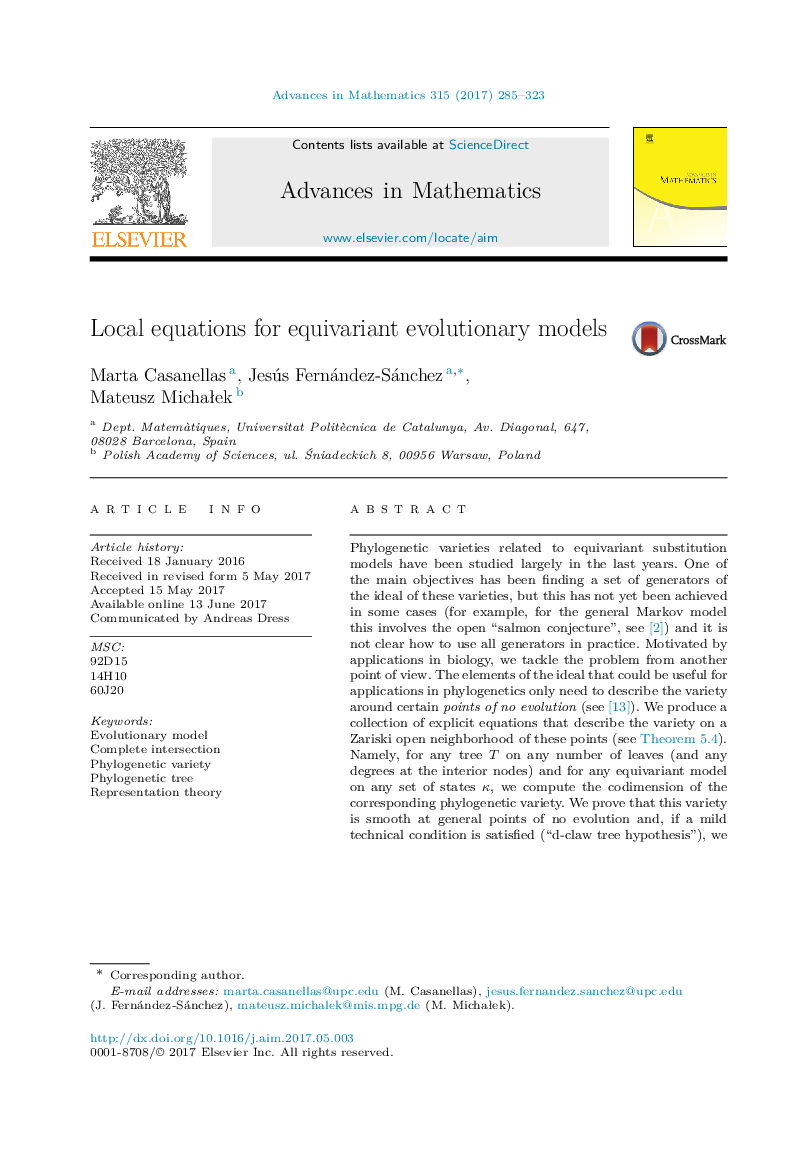 عکس صفحه اول مقاله: Local equations for equivariant evolutionary models Local equations for equivariant evolutionary models