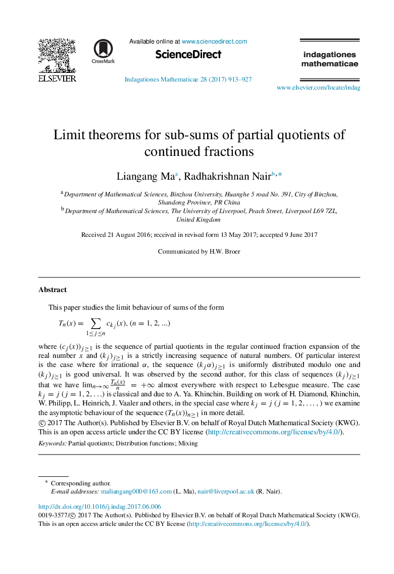 Limit theorems for sub-sums of partial quotients of continued fractions