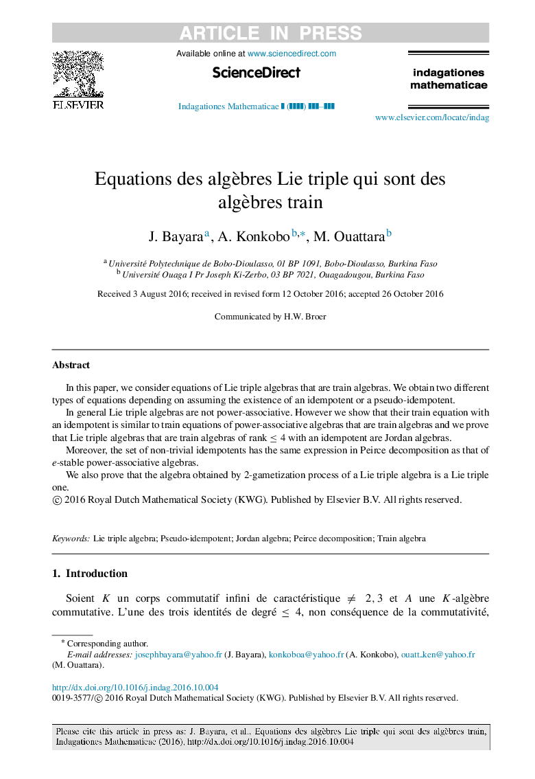 Equations des algÃ¨bres Lie triple qui sont des algÃ¨bres train