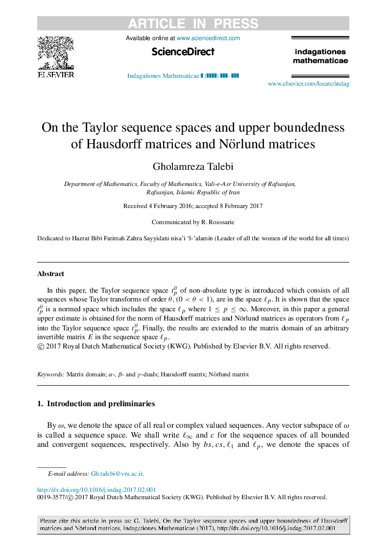 On the Taylor sequence spaces and upper boundedness of Hausdorff matrices and Nörlund matrices