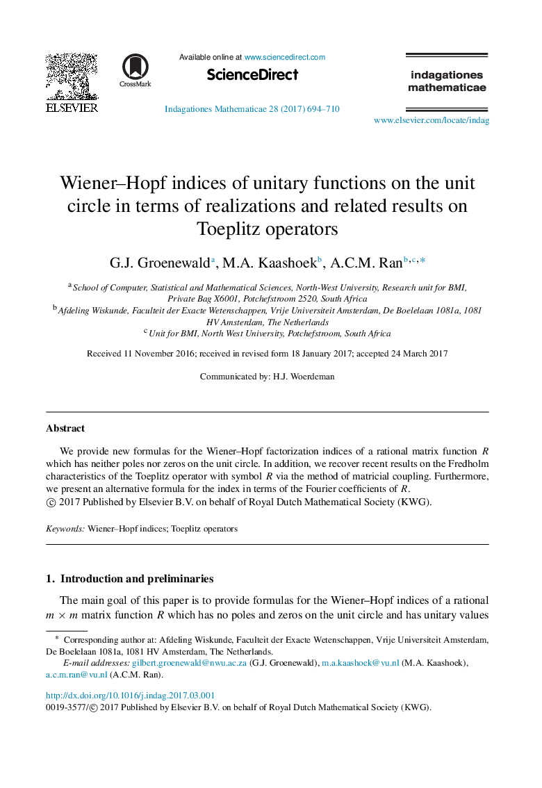 Wiener-Hopf indices of unitary functions on the unit circle in terms of realizations and related results on Toeplitz operators