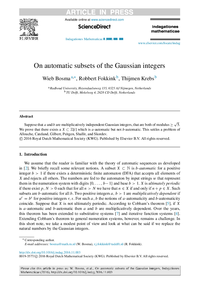 On automatic subsets of the Gaussian integers