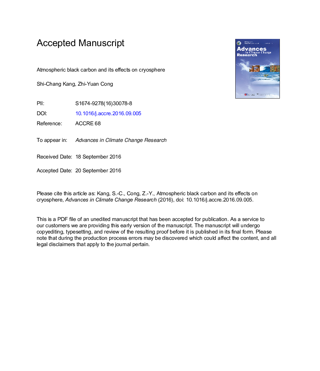 Atmospheric black carbon and its effects on cryosphere