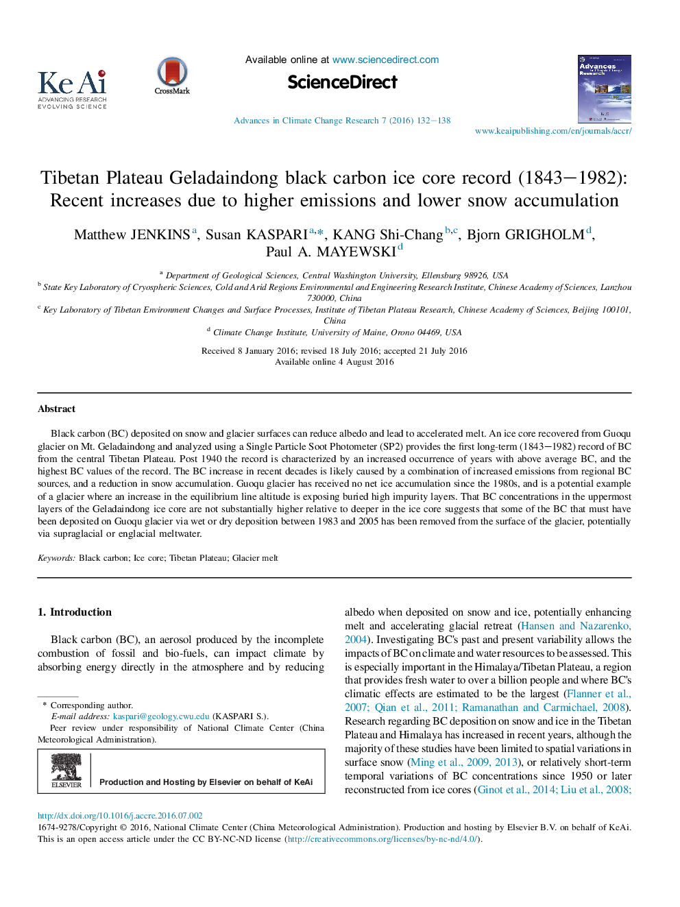 Tibetan Plateau Geladaindong black carbon ice core record (1843-1982): Recent increases due to higher emissions and lower snow accumulation