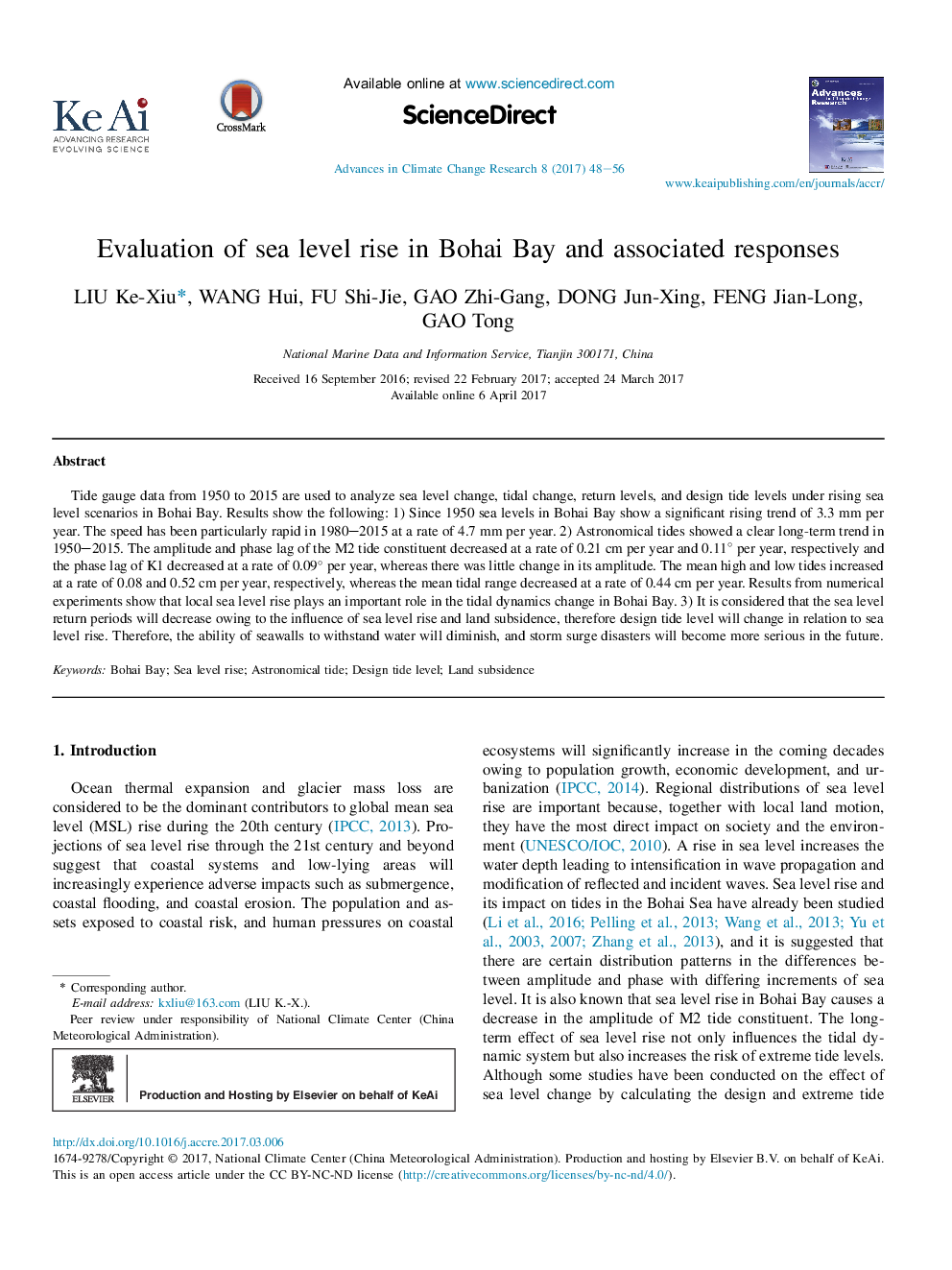 Evaluation of sea level rise in Bohai Bay and associated responses