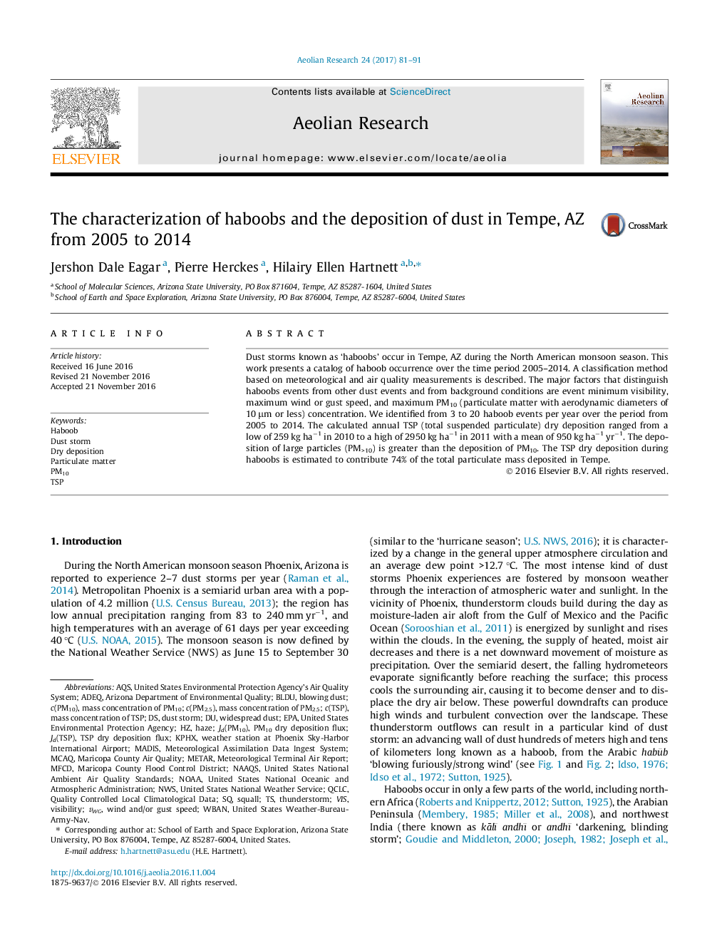 The characterization of haboobs and the deposition of dust in Tempe, AZ from 2005 to 2014