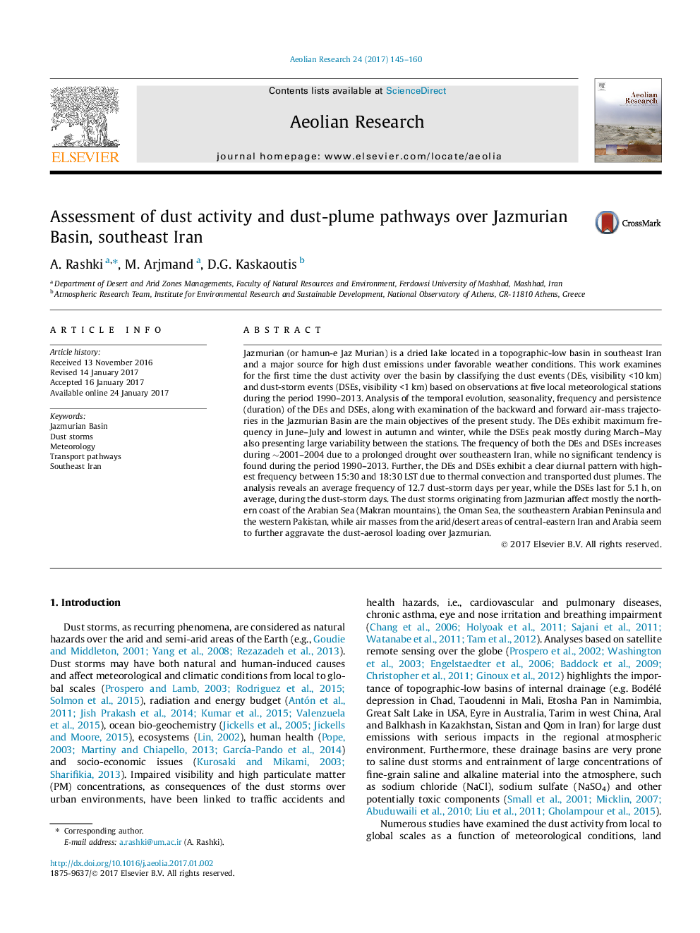 Assessment of dust activity and dust-plume pathways over Jazmurian Basin, southeast Iran