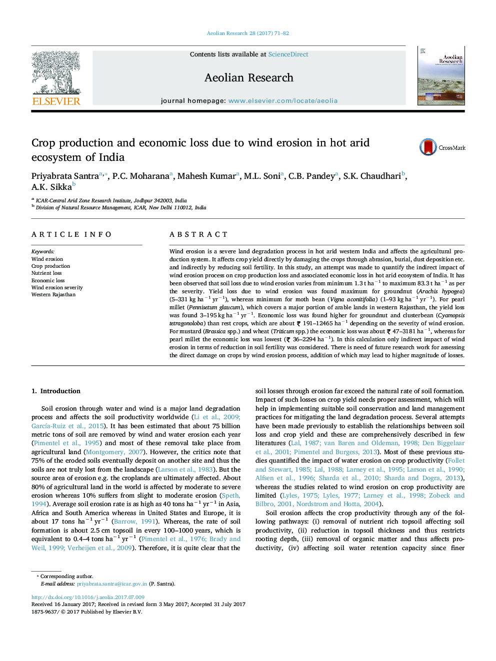 Crop production and economic loss due to wind erosion in hot arid ecosystem of India