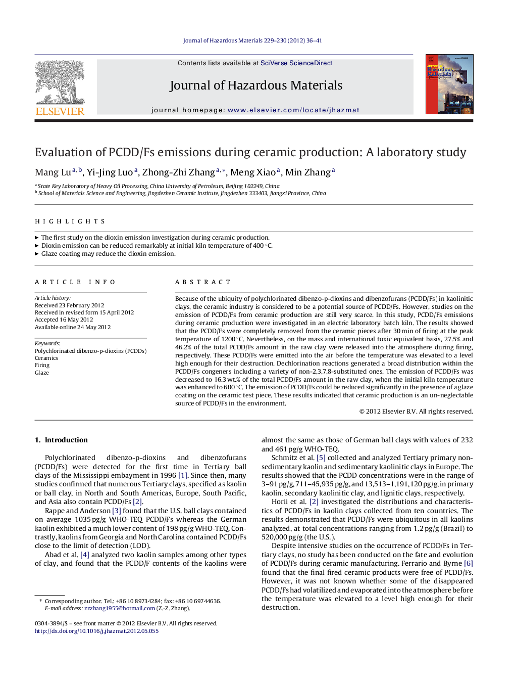 Evaluation of PCDD/Fs emissions during ceramic production: A laboratory study