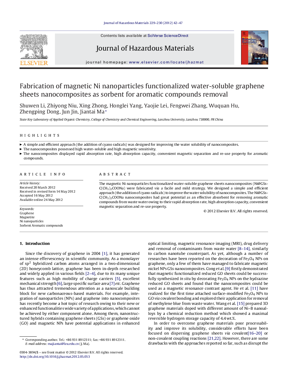 Fabrication of magnetic Ni nanoparticles functionalized water-soluble graphene sheets nanocomposites as sorbent for aromatic compounds removal