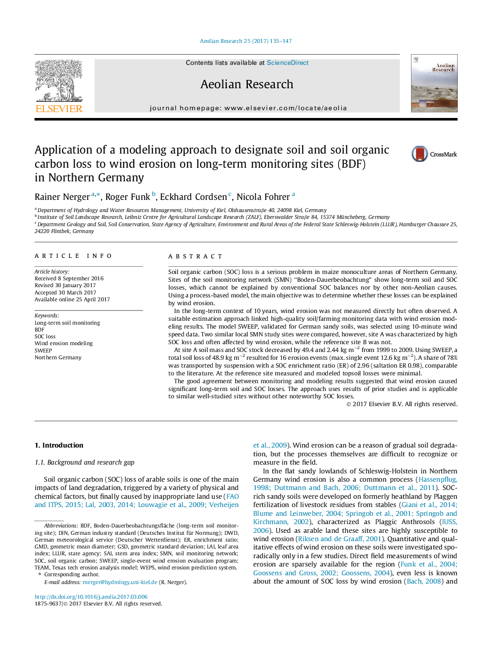 Application of a modeling approach to designate soil and soil organic carbon loss to wind erosion on long-term monitoring sites (BDF) in Northern Germany