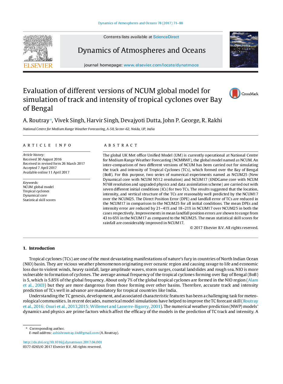 Evaluation of different versions of NCUM global model for simulation of track and intensity of tropical cyclones over Bay of Bengal