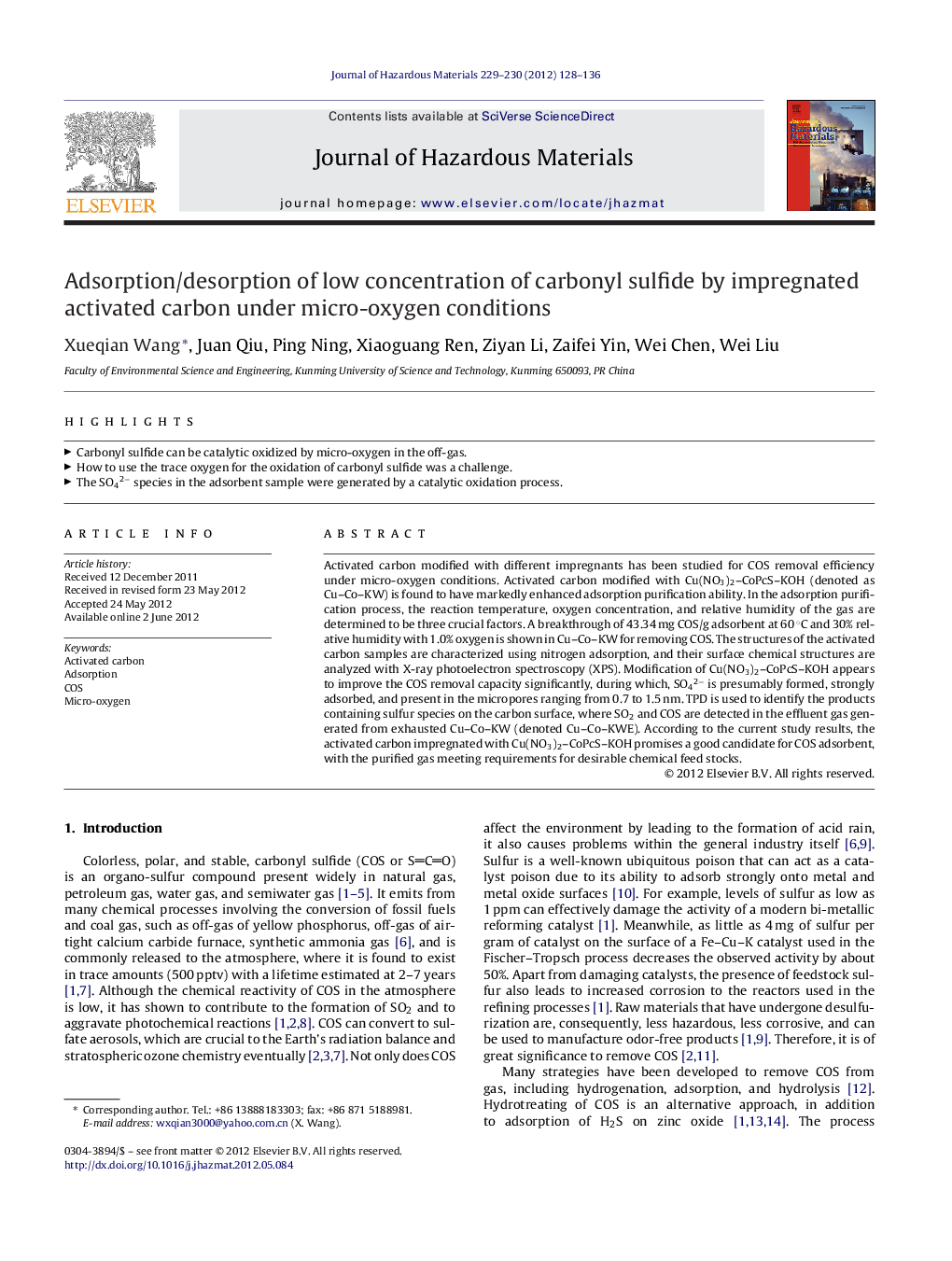 عکس صفحه اول مقاله: Adsorption/desorption of low concentration of carbonyl sulfide by impregnated activated carbon under micro-oxygen conditions Adsorption/desorption of low concentration of carbonyl sulfide by impregnated activated carbon under micro-oxygen conditions