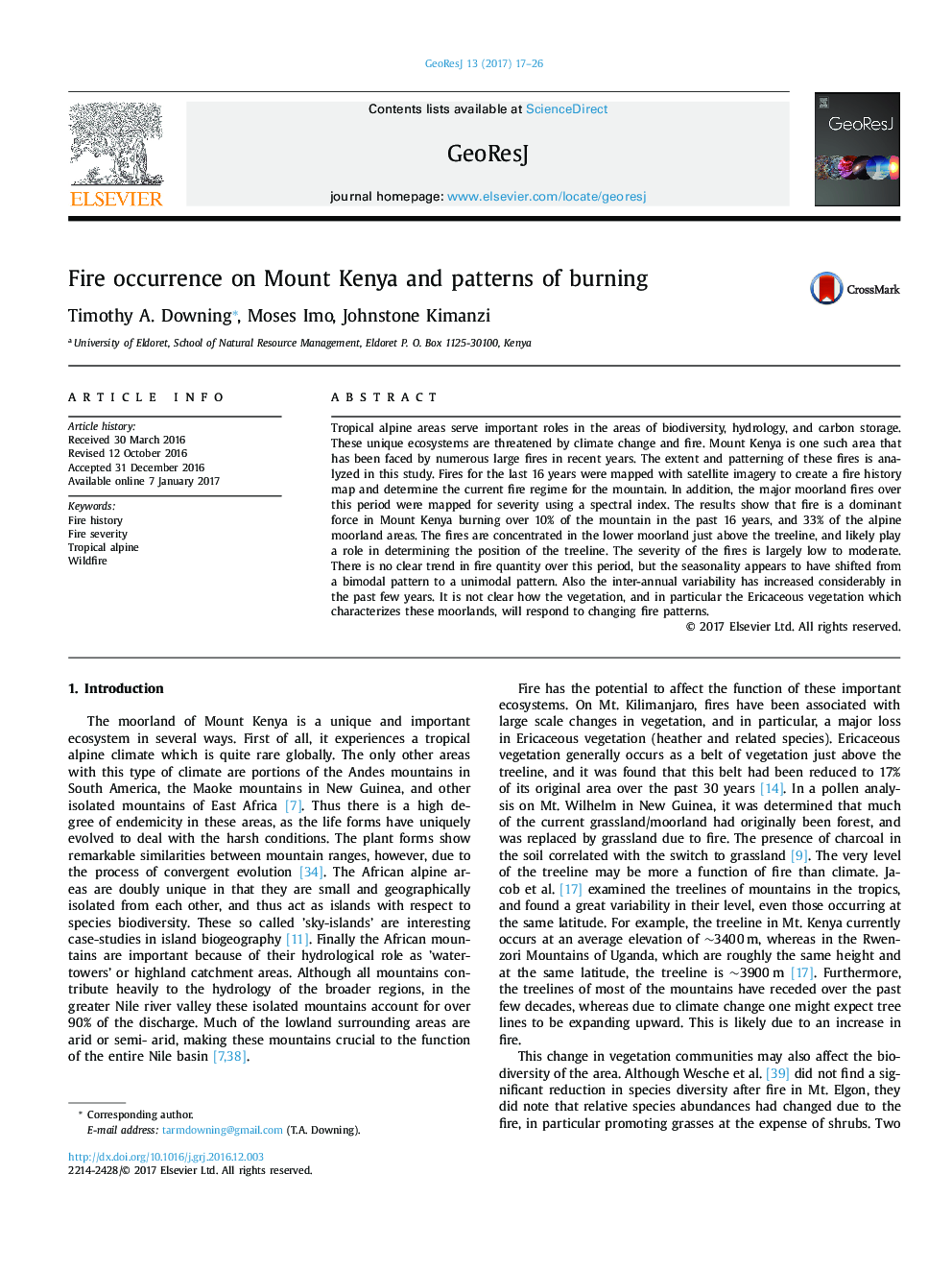 Fire occurrence on Mount Kenya and patterns of burning