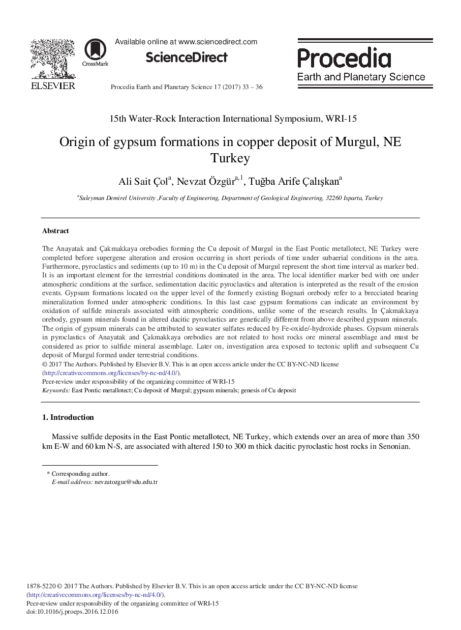 Origin of Gypsum Formations in Copper Deposit of Murgul, NE Turkey