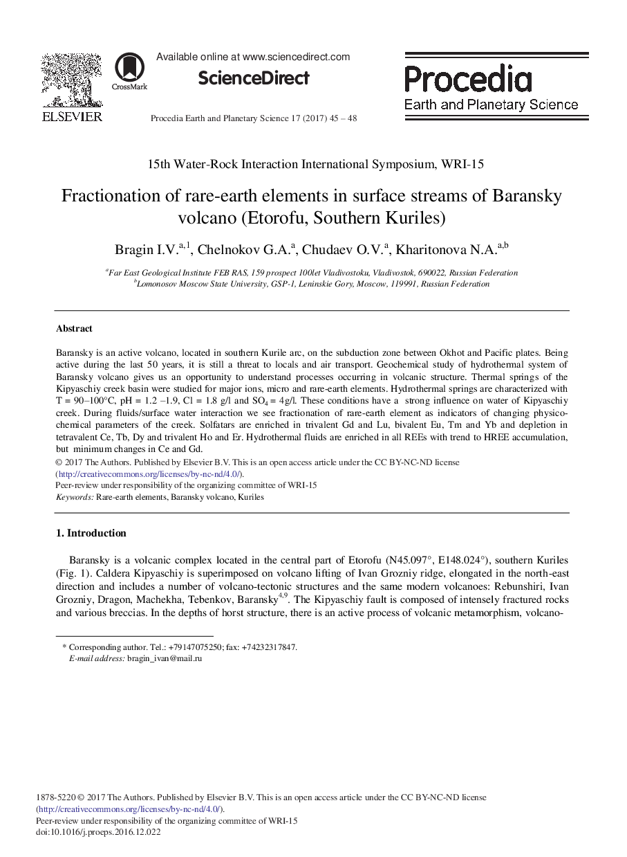 Fractionation of Rare-earth Elements in Surface Streams of Baransky Volcano (Etorofu, Southern Kuriles)