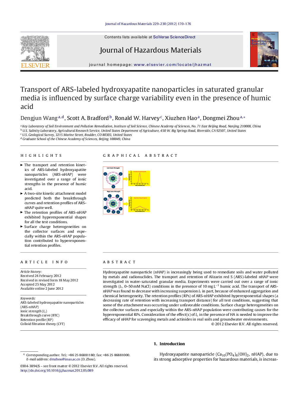 عکس صفحه اول مقاله: Transport of ARS-labeled hydroxyapatite nanoparticles in saturated granular media is influenced by surface charge variability even in the presence of humic acid Transport of ARS-labeled hydroxyapatite nanoparticles in saturated granular media is influenced by surface charge variability even in the presence of humic acid