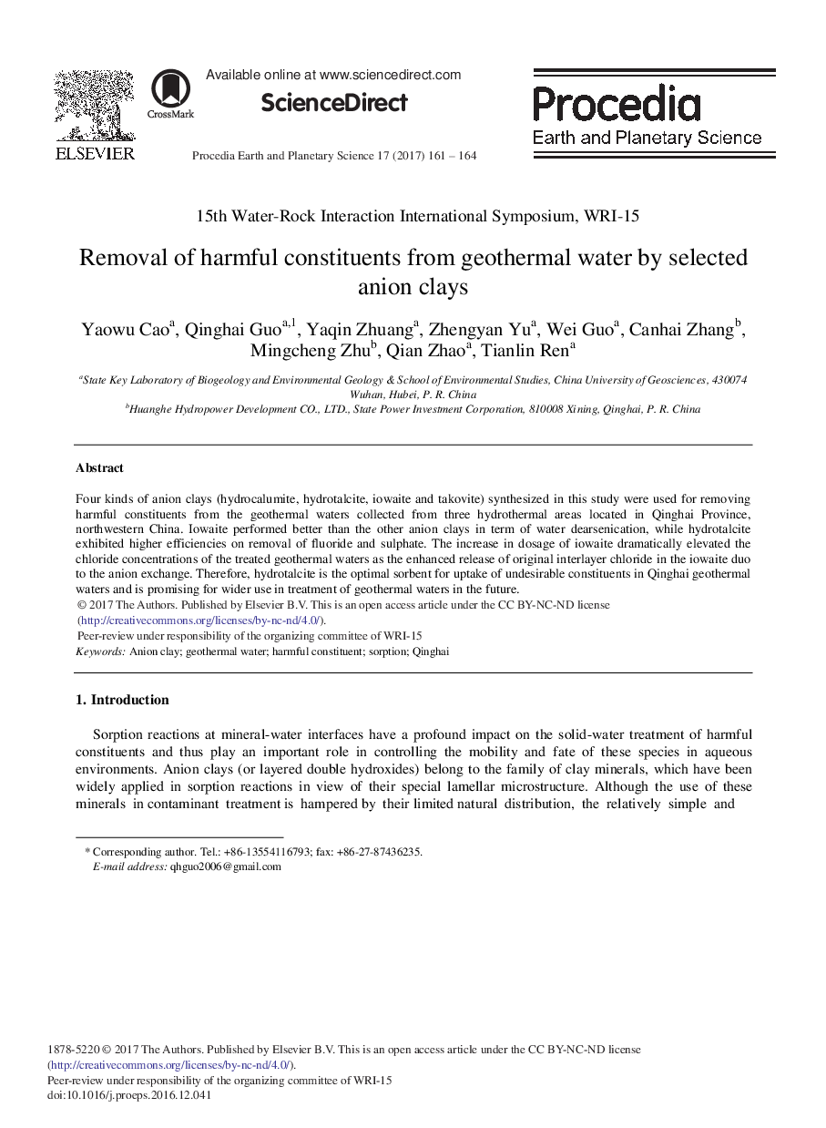 Removal of Harmful Constituents from Geothermal Water by Selected Anion Clays