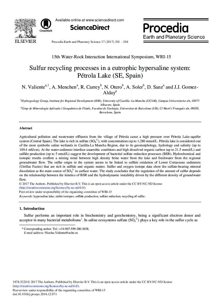 Sulfur Recycling Processes in a Eutrophic Hypersaline System: Pétrola Lake (SE, Spain)