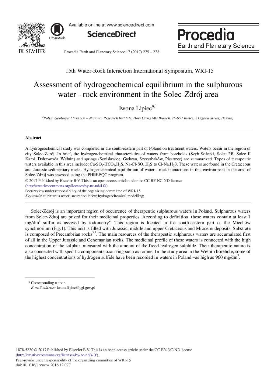 Assessment of Hydrogeochemical Equilibrium in the Sulphurous Water - Rock Environment in the Solec-Zdrój Area