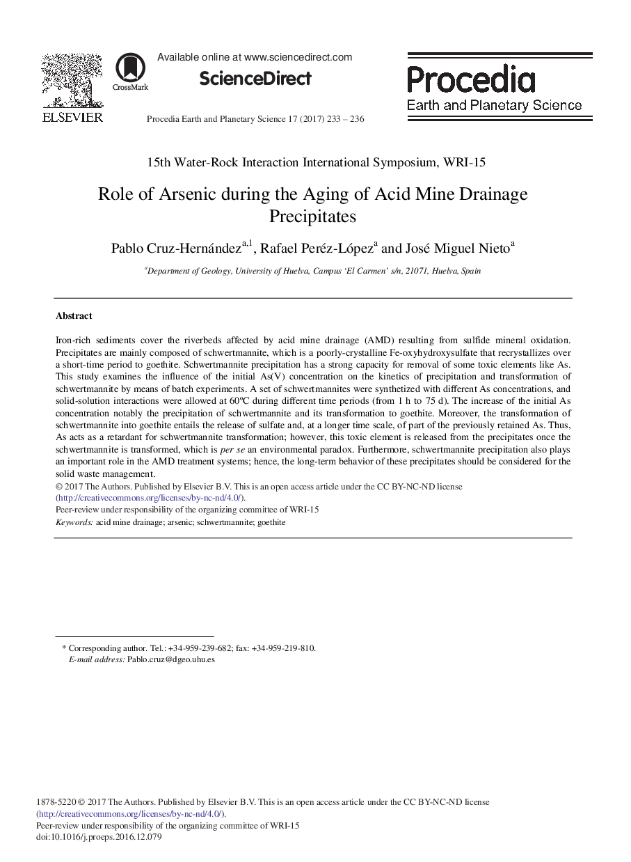 Role of Arsenic During the Aging of Acid Mine Drainage Precipitates