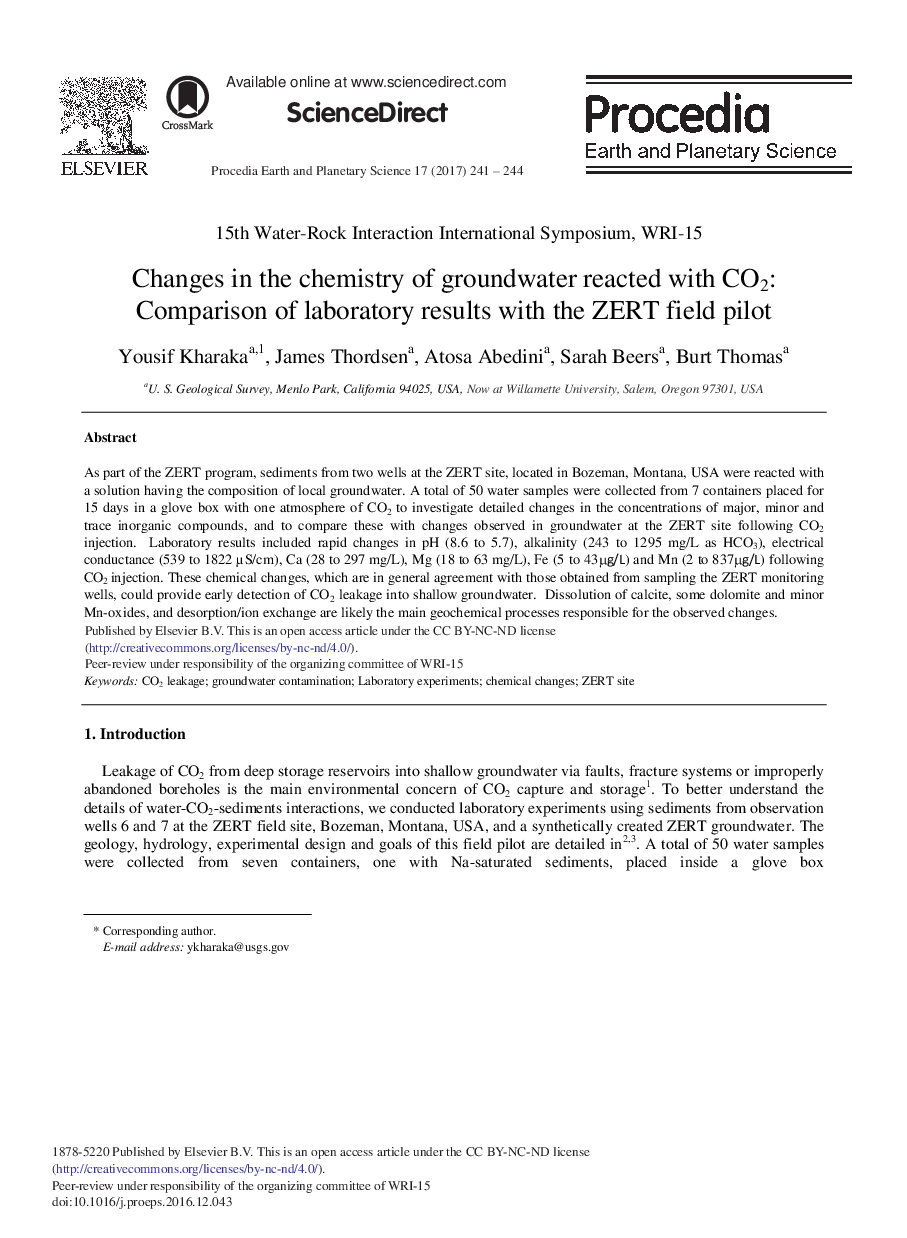 Changes in the Chemistry of Groundwater Reacted with CO2: Comparison of Laboratory Results with the ZERT Field Pilot