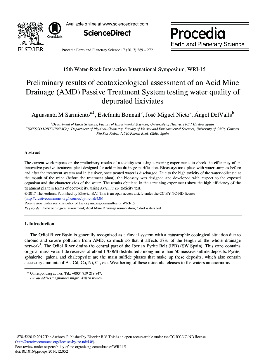 Preliminary Results of Ecotoxicological Assessment of an Acid Mine Drainage (AMD) Passive Treatment System Testing Water Quality of Depurated Lixiviates