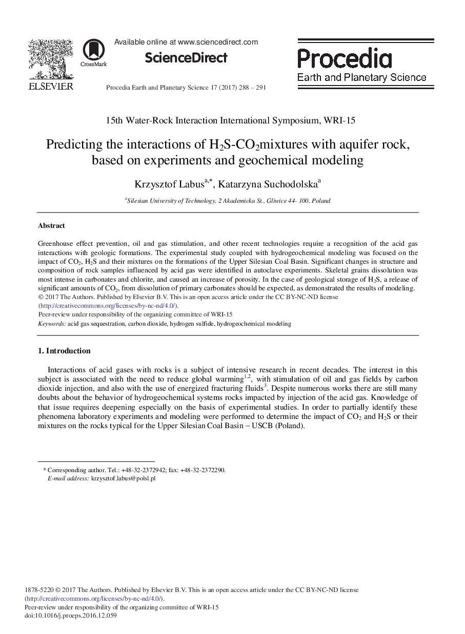 Predicting the Interactions of H2S-CO2 Mixtures with Aquifer Rock, based on Experiments and Geochemical Modeling