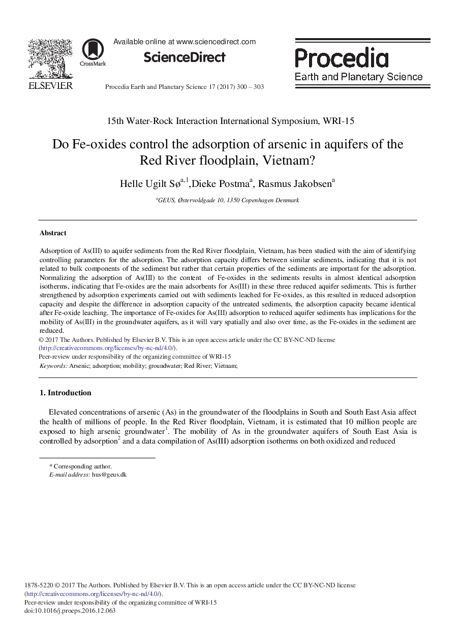 Do Fe-oxides Control the Adsorption of Arsenic in Aquifers of the Red River Floodplain, Vietnam?