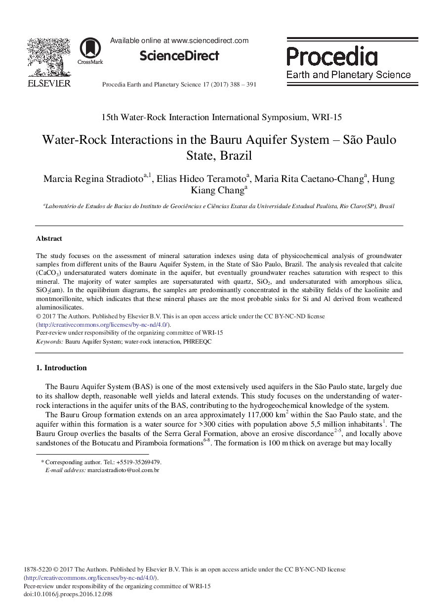 Water-Rock Interactions in the Bauru Aquifer System - SÃ£o Paulo State, Brazil