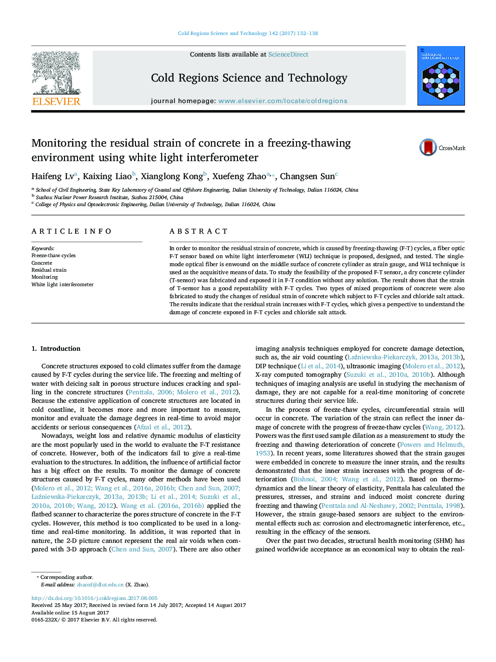 Monitoring the residual strain of concrete in a freezing-thawing environment using white light interferometer