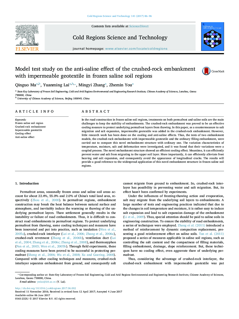 تحلیل مدل تحقیق بر اثر ضد شوره سنگی خرد شده سنگی با ژئوتکستیل غیر قابل نفوذ در مناطق خاک شوری منجمد