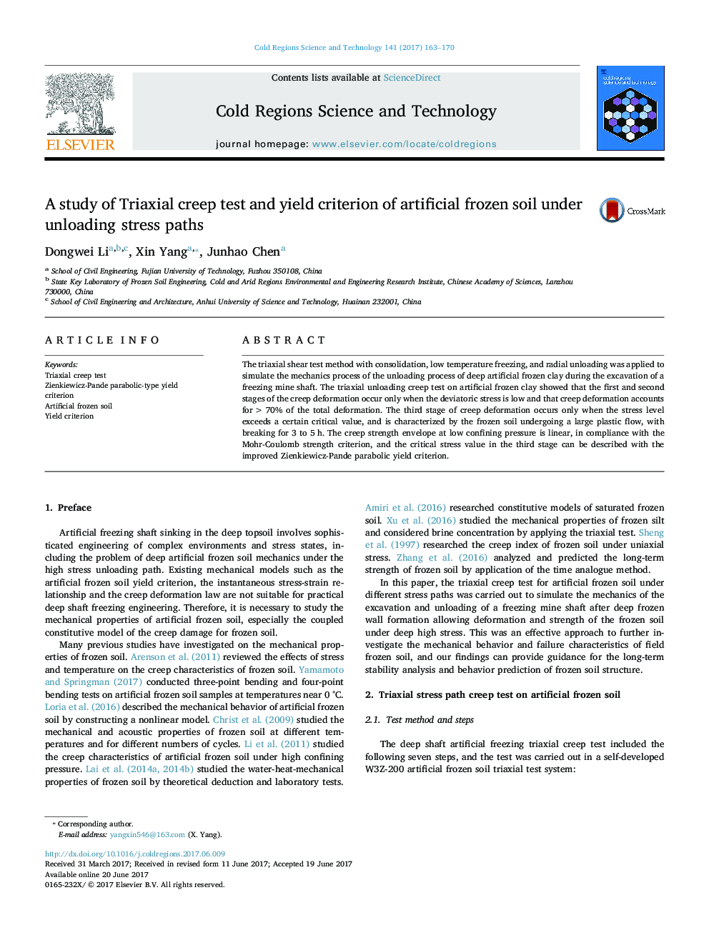 A study of Triaxial creep test and yield criterion of artificial frozen soil under unloading stress paths