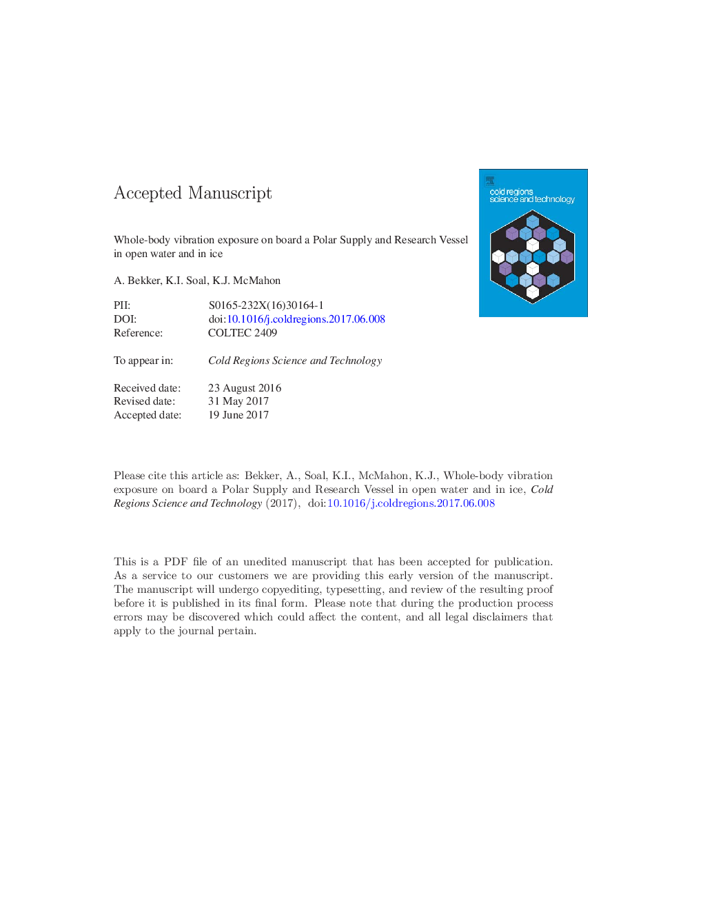 Whole-body vibration exposure on board a Polar Supply and Research Vessel in open water and in ice