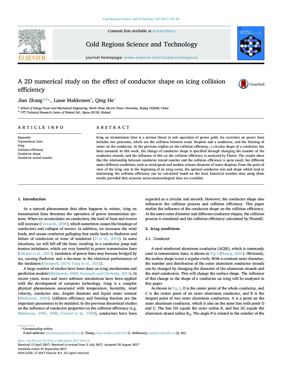 A 2D numerical study on the effect of conductor shape on icing collision efficiency