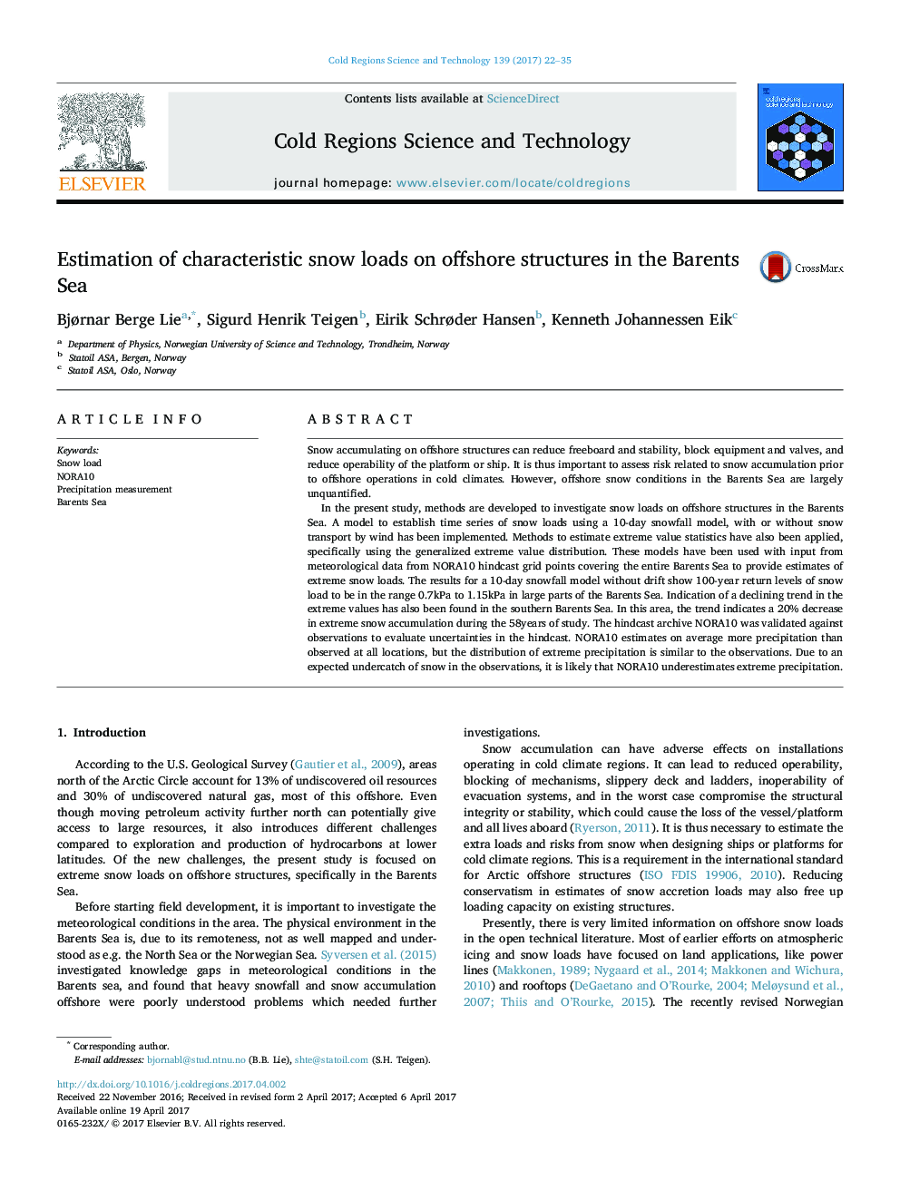 Estimation of characteristic snow loads on offshore structures in the Barents Sea