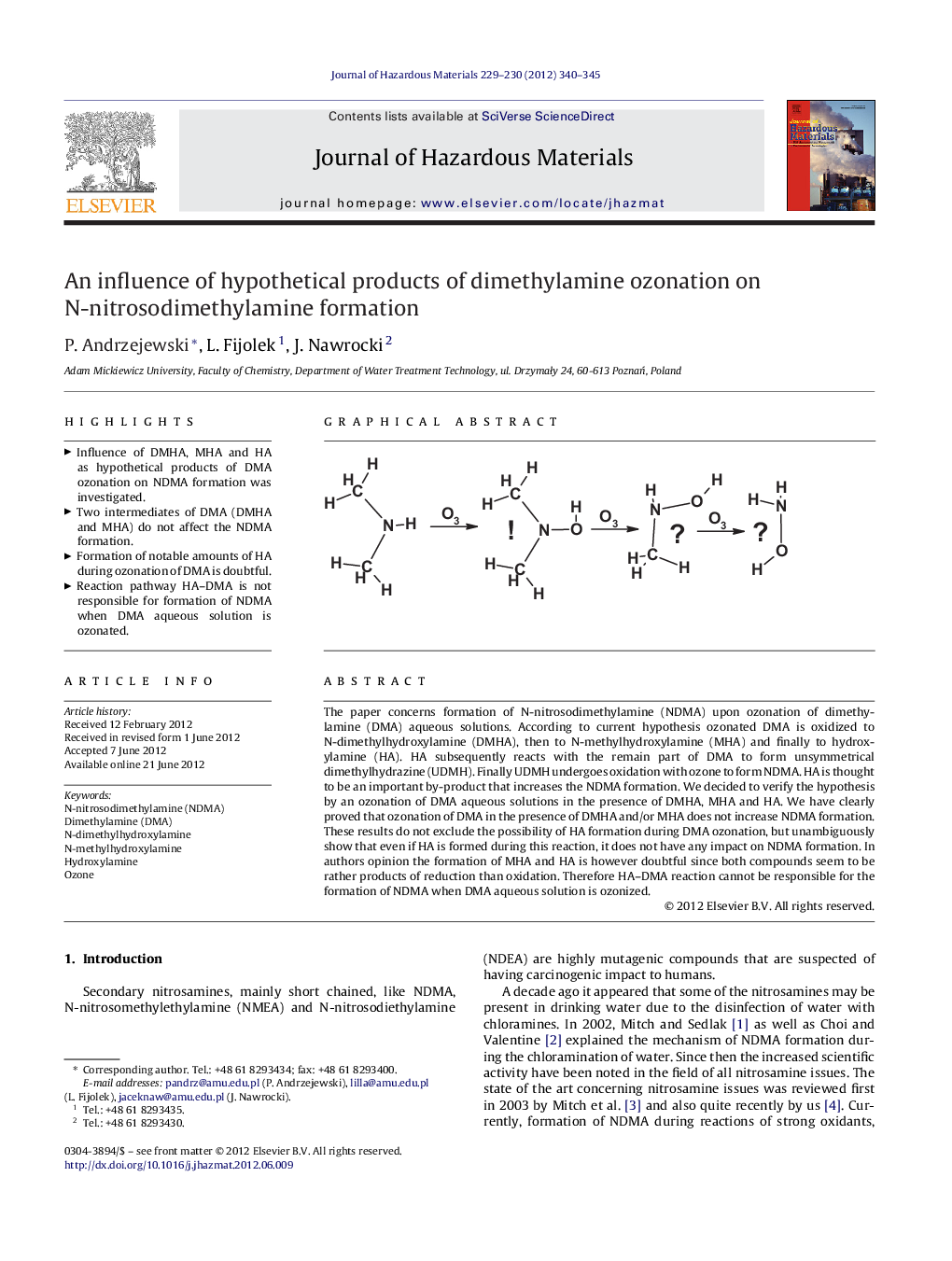 An influence of hypothetical products of dimethylamine ozonation on N-nitrosodimethylamine formation