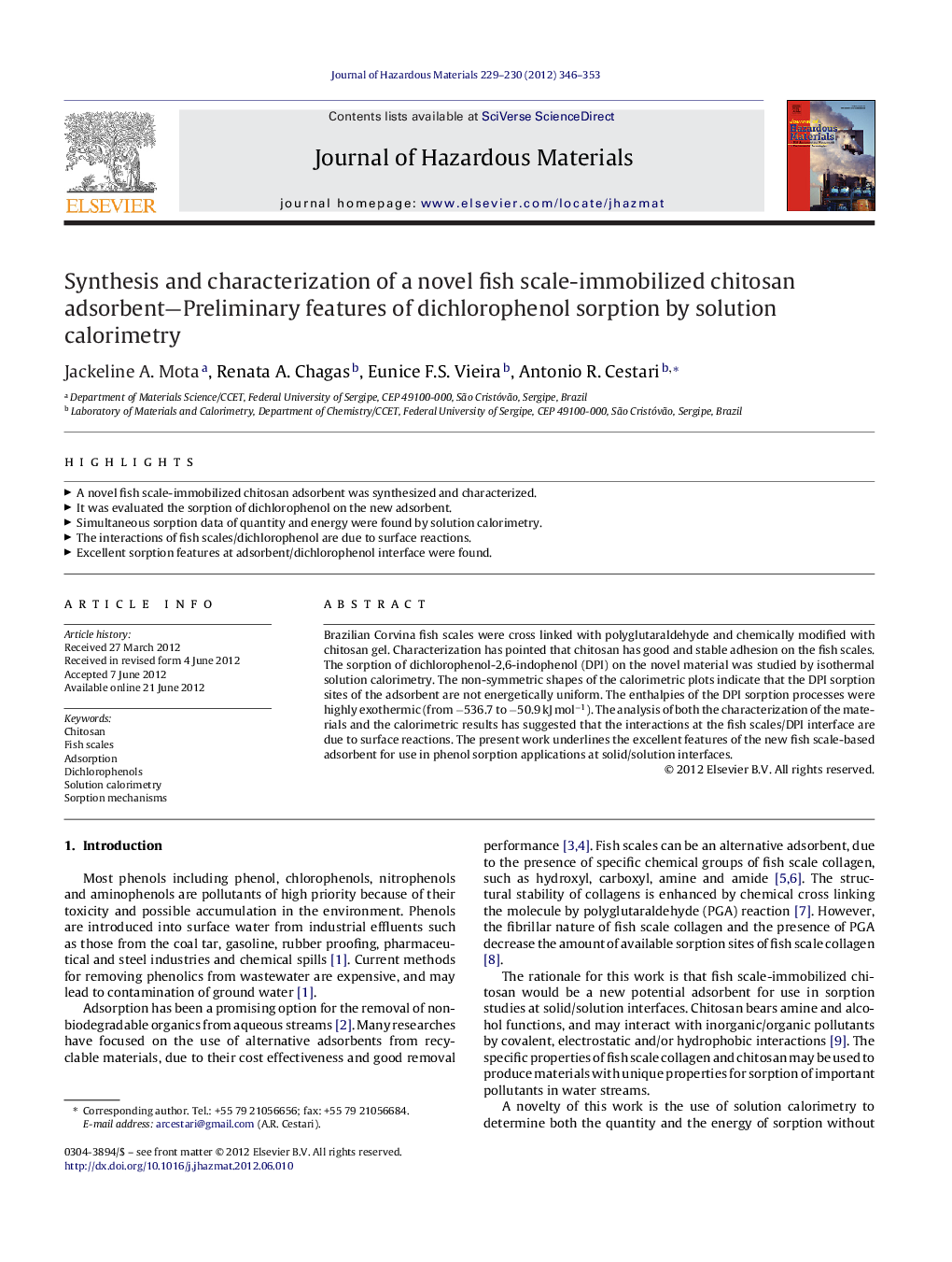 Synthesis and characterization of a novel fish scale-immobilized chitosan adsorbent-Preliminary features of dichlorophenol sorption by solution calorimetry