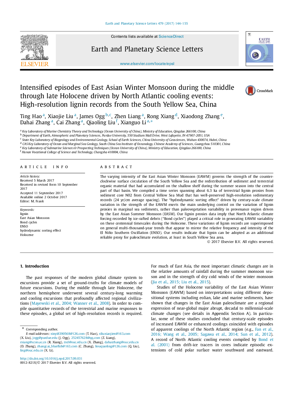 Intensified episodes of East Asian Winter Monsoon during the middle through late Holocene driven by North Atlantic cooling events: High-resolution lignin records from the South Yellow Sea, China