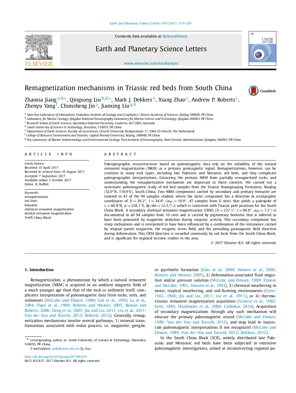 Remagnetization mechanisms in Triassic red beds from South China