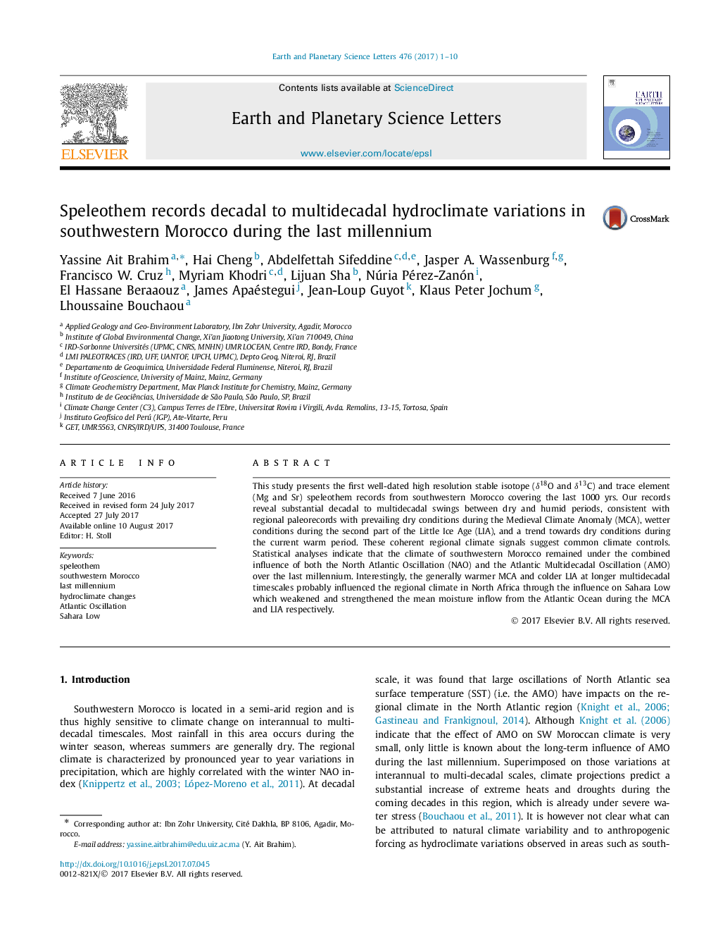 Speleothem records decadal to multidecadal hydroclimate variations in southwestern Morocco during the last millennium