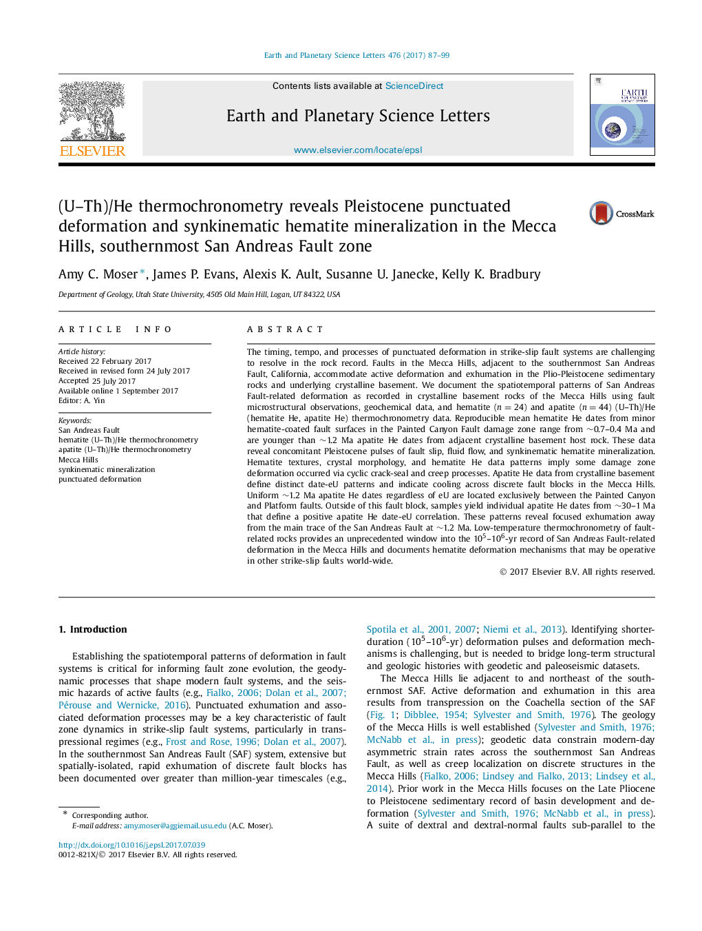 (U-Th)/He thermochronometry reveals Pleistocene punctuated deformation and synkinematic hematite mineralization in the Mecca Hills, southernmost San Andreas Fault zone