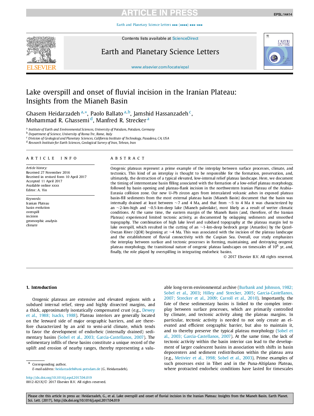 Lake overspill and onset of fluvial incision in the Iranian Plateau: Insights from the Mianeh Basin